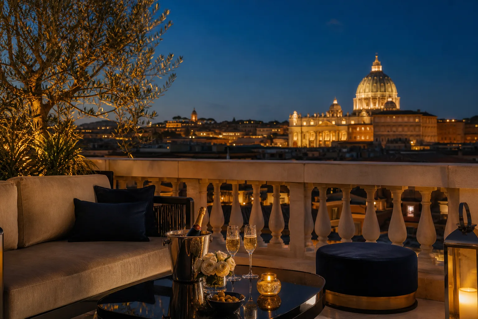 Terrazza romana illuminata con vista sulla Basilica di San Pietro